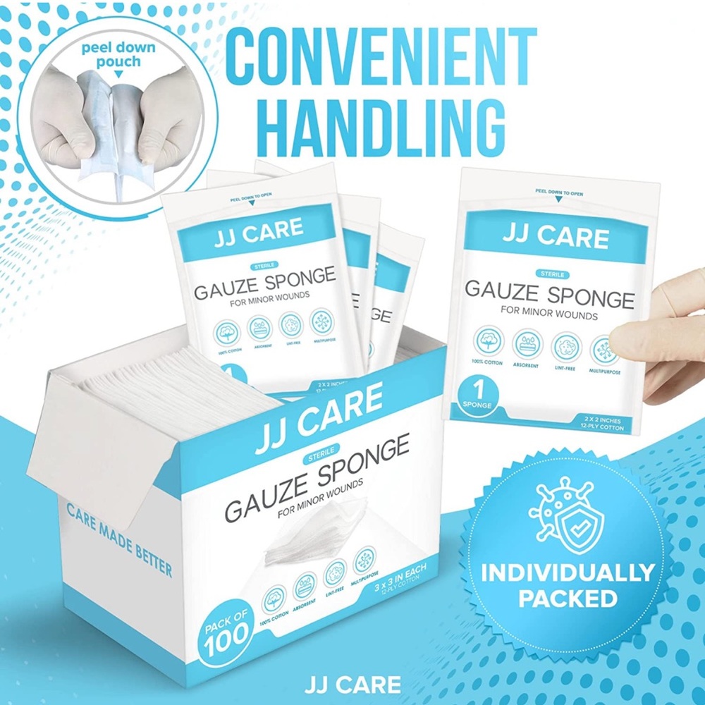 JJ’s CARE Sterile Gauze Pads Individual Wrapped 100 Pk ~ 💯%COTTON || 2”x 2” in